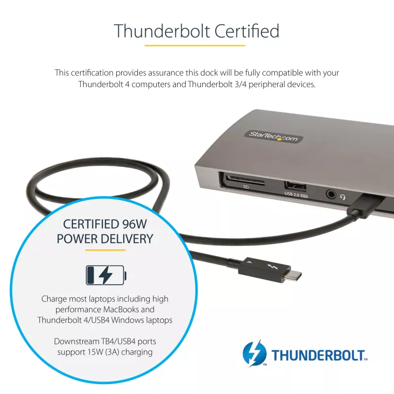 StarTech.com Thunderbolt 4 Dock, 96W maitinimas, vienas 8K / du monitoriai 4K 60Hz, 3xTB4/USB4 prievadai, 4xUSB-A, SD, GbE, Thunderbolt 4 dokų stotelė, skirta Windows arba TB3 MacBook, 0,8 m kabelis