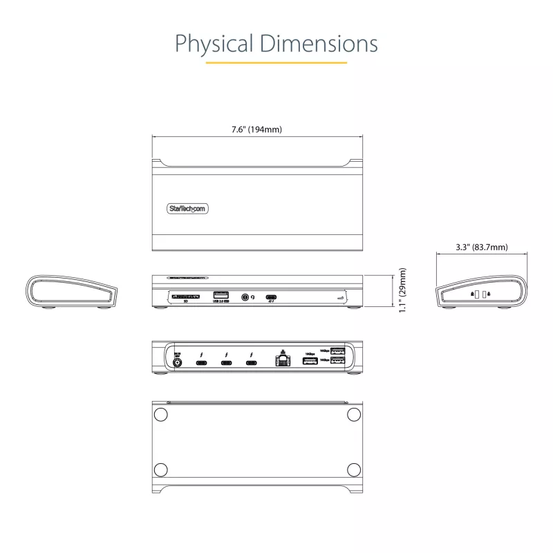 StarTech.com Thunderbolt 4 Dock, 96W maitinimas, vienas 8K / du monitoriai 4K 60Hz, 3xTB4/USB4 prievadai, 4xUSB-A, SD, GbE, Thunderbolt 4 dokų stotelė, skirta Windows arba TB3 MacBook, 0,8 m kabelis