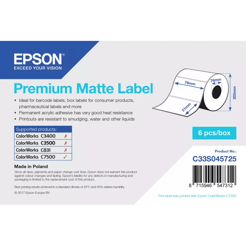 Epson Premium Matte Label - Die-Cut ritinys: 76mm x 51mm, 2310 etikečių