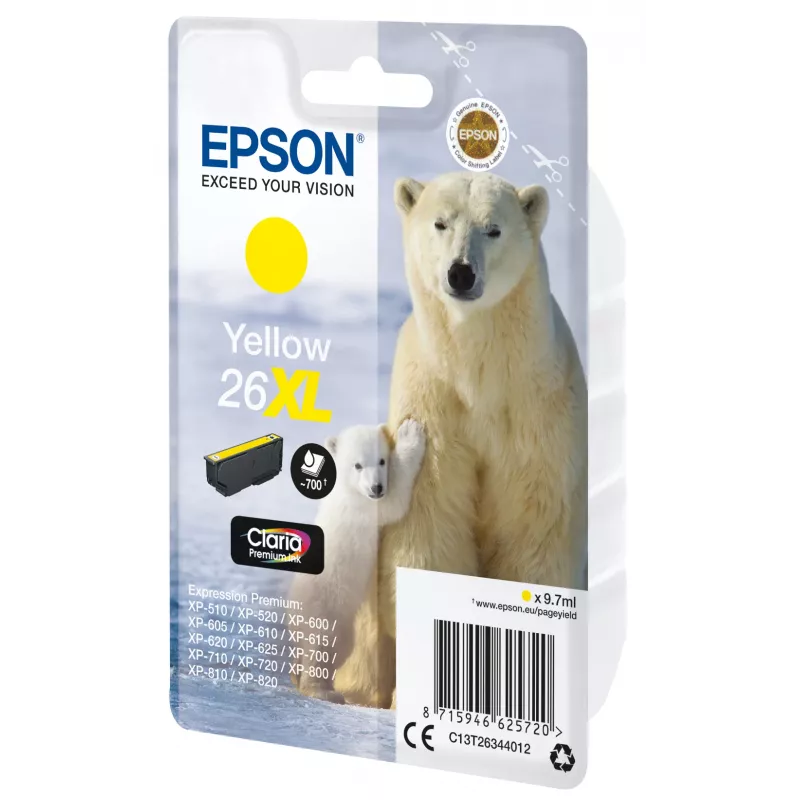 Epson Polar bear 26XL Claria Premium rašalinė kasetė, geltona, didelės talpos (XL), 9,7 ml, 1 vnt., 700 puslapių