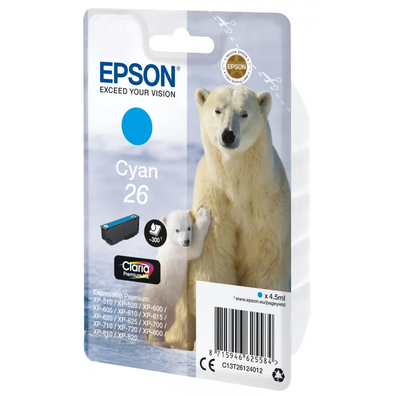 Epson Claria Premium 26 Cyan originalus kasečių rašalas (C13T26124012)