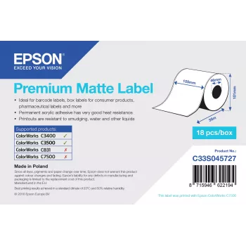 Epson Premium Matte Label - nuolatinis ritinys: 105mm x 35m, baltas, lipnus spausdintuvo lipdukas, nuolatinis, akrilinis, nuolatinis, matinis