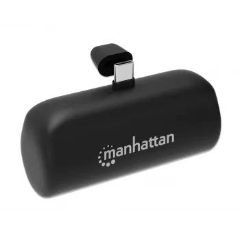 Manhattan nešiojamas powerbank su integruotu USB-C kištuku, 5000 mAh, iki 10W išvestis, stovelis, juoda, 1 metų garantija