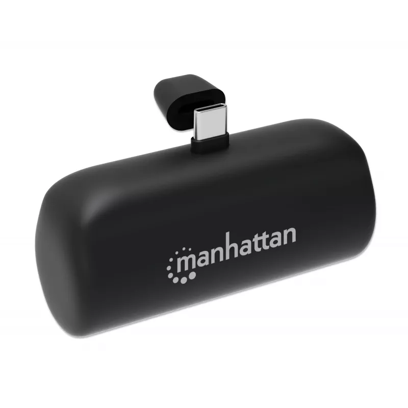 Manhattan nešiojamas powerbank su integruotu USB-C kištuku, 5000 mAh, iki 10W išvestis, stovelis, juoda, 1 metų garantija
