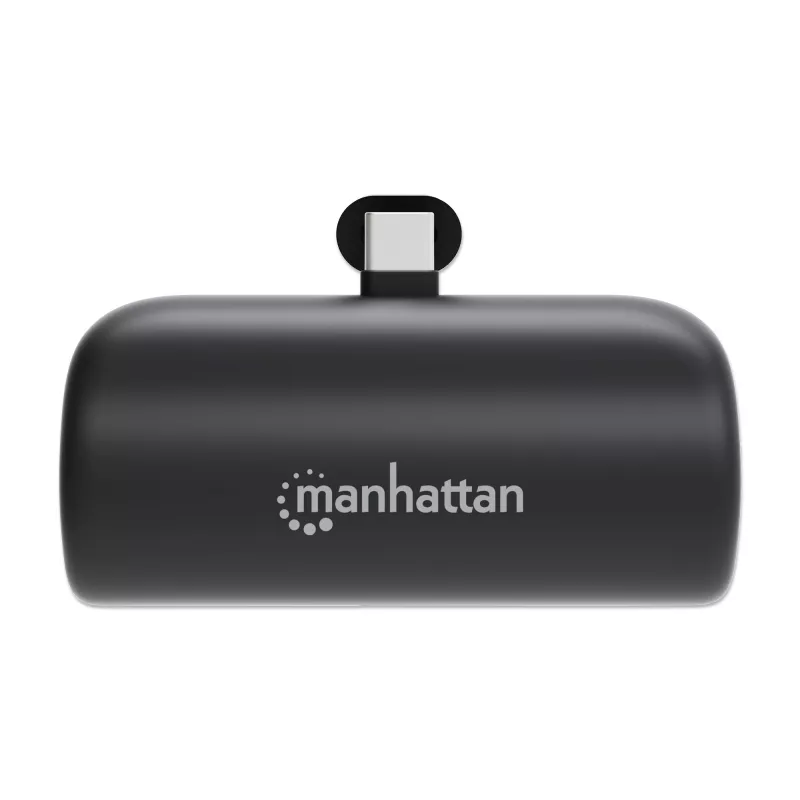 Manhattan nešiojamas powerbank su integruotu USB-C kištuku, 5000 mAh, iki 10W išvestis, stovelis, juoda, 1 metų garantija