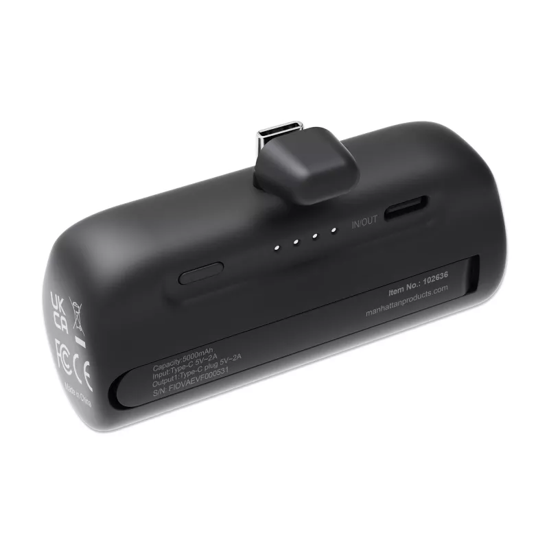 Manhattan nešiojamas powerbank su integruotu USB-C kištuku, 5000 mAh, iki 10W išvestis, stovelis, juoda, 1 metų garantija