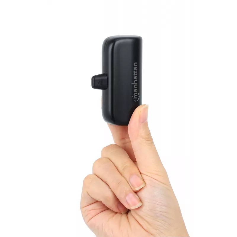 Manhattan nešiojamas powerbank su integruotu USB-C kištuku, 5000 mAh, iki 10W išvestis, stovelis, juoda, 1 metų garantija