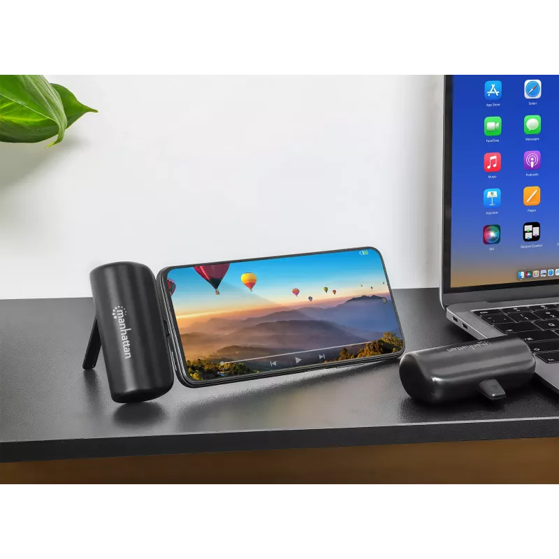 Manhattan nešiojamas powerbank su integruotu USB-C kištuku, 5000 mAh, iki 10W išvestis, stovelis, juoda, 1 metų garantija