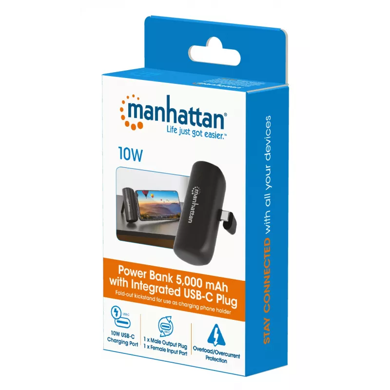 Manhattan nešiojamas powerbank su integruotu USB-C kištuku, 5000 mAh, iki 10W išvestis, stovelis, juoda, 1 metų garantija