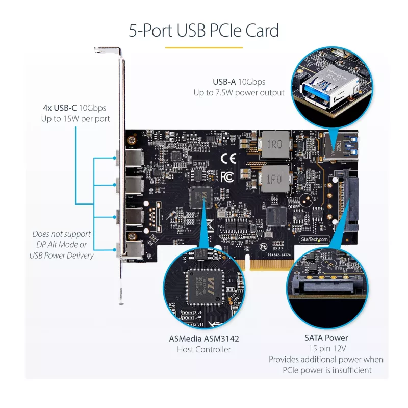 StarTech.com 5 prievadų USB PCIe kortelė, USB 3.2 10Gbps, PCI Express kortelė su 4x USB-C prievadais, 1x USB-A vidiniu prievadu, USB PCIe valdiklio kortelė, Windows/macOS/Linux