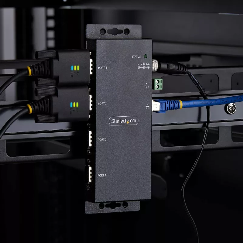 StarTech.com 4 prievadų nuosekliojo prievado į Ethernet adapteris, IP nuosekliųjų įrenginių serveris nuotoliniams RS232 įrenginiams, montuojamas ant sienos/DIN bėgio, metalinis korpusas, RJ45 LAN į DB9 nuoseklųjį keitiklis