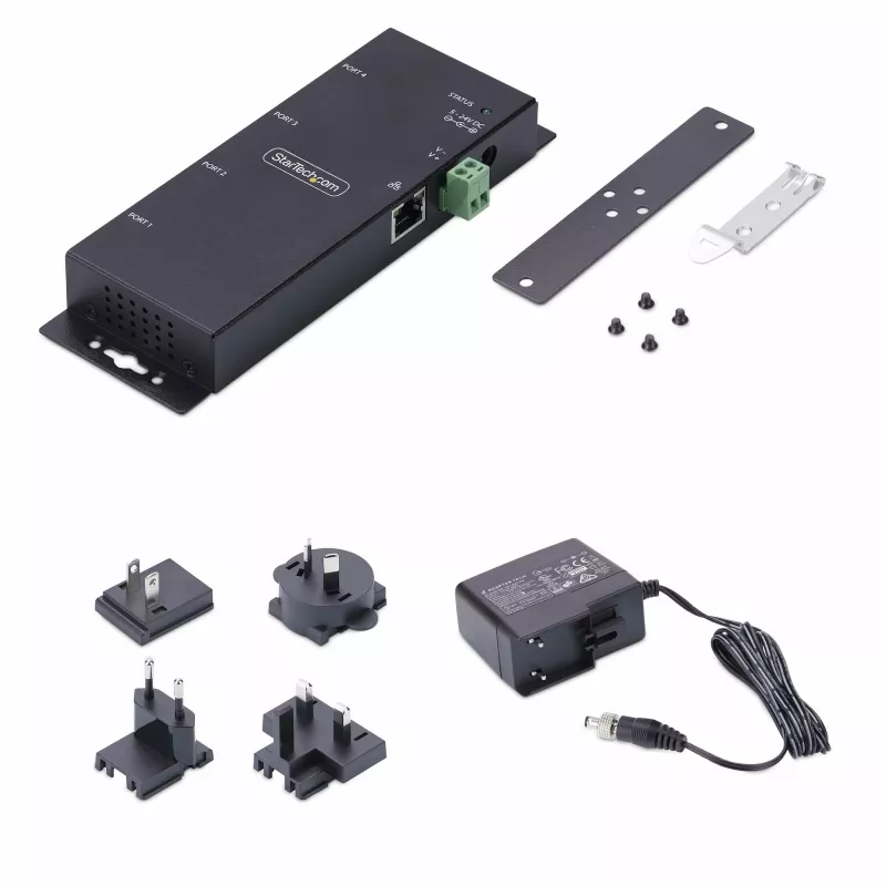 StarTech.com 4 prievadų nuosekliojo prievado į Ethernet adapteris, IP nuosekliųjų įrenginių serveris nuotoliniams RS232 įrenginiams, montuojamas ant sienos/DIN bėgio, metalinis korpusas, RJ45 LAN į DB9 nuoseklųjį keitiklis
