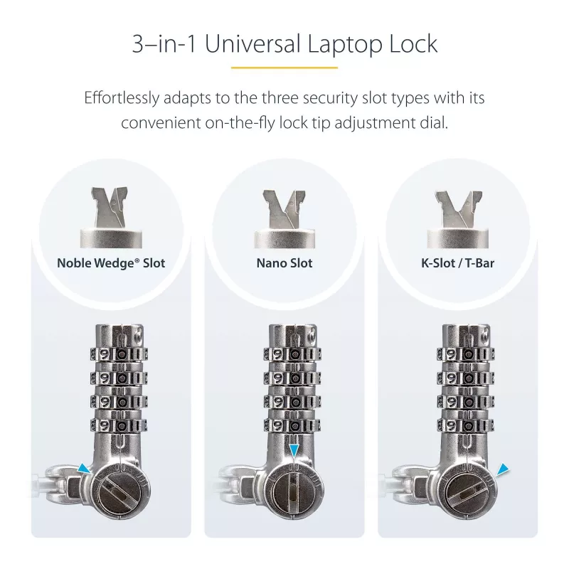 StarTech.com Universal Laptop Cable Lock 6.6ft (2m) – rakinama kabelinė spyna nešiojamam kompiuteriui, suderinama su Noble Wedge®/Nano/K-Slot, serijinė kombinacinė spyna, TAA