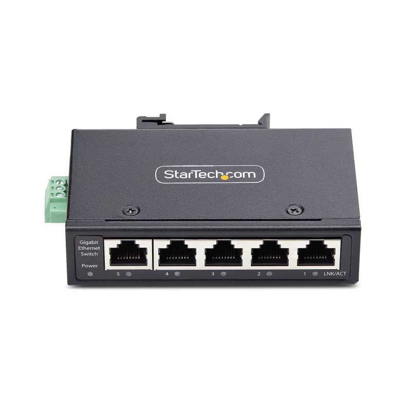 StarTech.com 5 prievadų nevaldomas pramoninis tinklo jungiklis, 100/1000 Ethernet, DIN bėgelio/sieninis montavimas, tvirtas IP30 gigabitinis jungiklis, -40°F-167°F, 9~60V DC, TAA atitinkantis