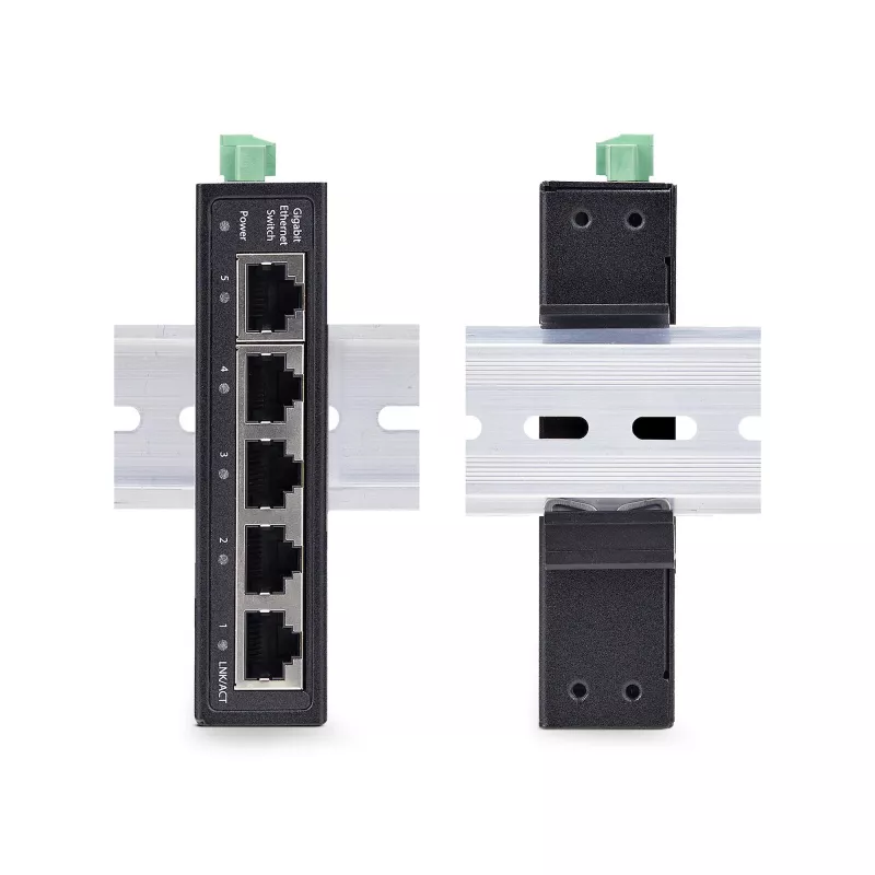 StarTech.com 5 prievadų nevaldomas pramoninis tinklo jungiklis, 100/1000 Ethernet, DIN bėgelio/sieninis montavimas, tvirtas IP30 gigabitinis jungiklis, -40°F-167°F, 9~60V DC, TAA atitinkantis