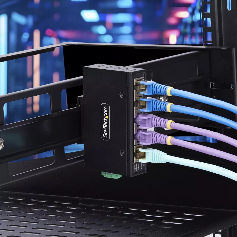 StarTech.com 5 prievadų nevaldomas pramoninis tinklo jungiklis, 100/1000 Ethernet, DIN bėgelio/sieninis montavimas, tvirtas IP30 gigabitinis jungiklis, -40°F-167°F, 9~60V DC, TAA atitinkantis