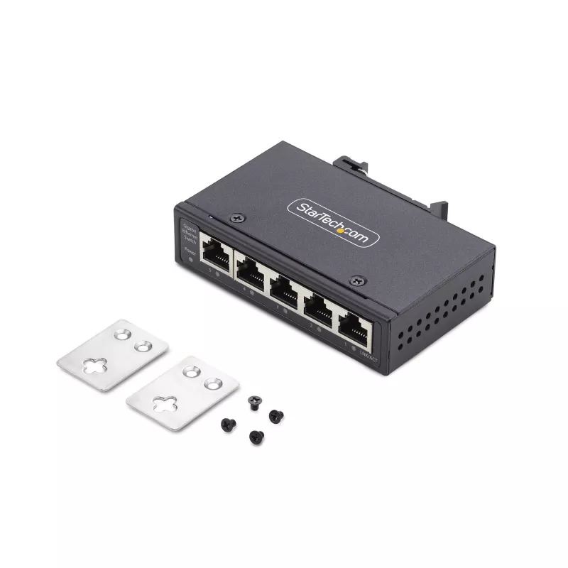 StarTech.com 5 prievadų nevaldomas pramoninis tinklo jungiklis, 100/1000 Ethernet, DIN bėgelio/sieninis montavimas, tvirtas IP30 gigabitinis jungiklis, -40°F-167°F, 9~60V DC, TAA atitinkantis