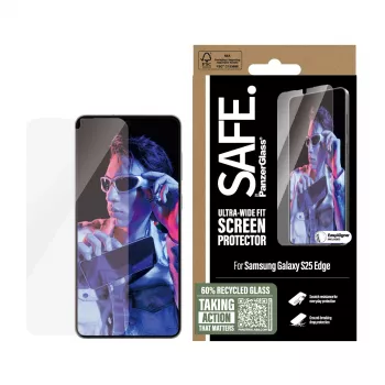 Apsauginis stiklas PanzerGlass SAFE. Samsung S25 Edge Ultra-Wide Fit, atsparus smūgiams ir įbrėžimams