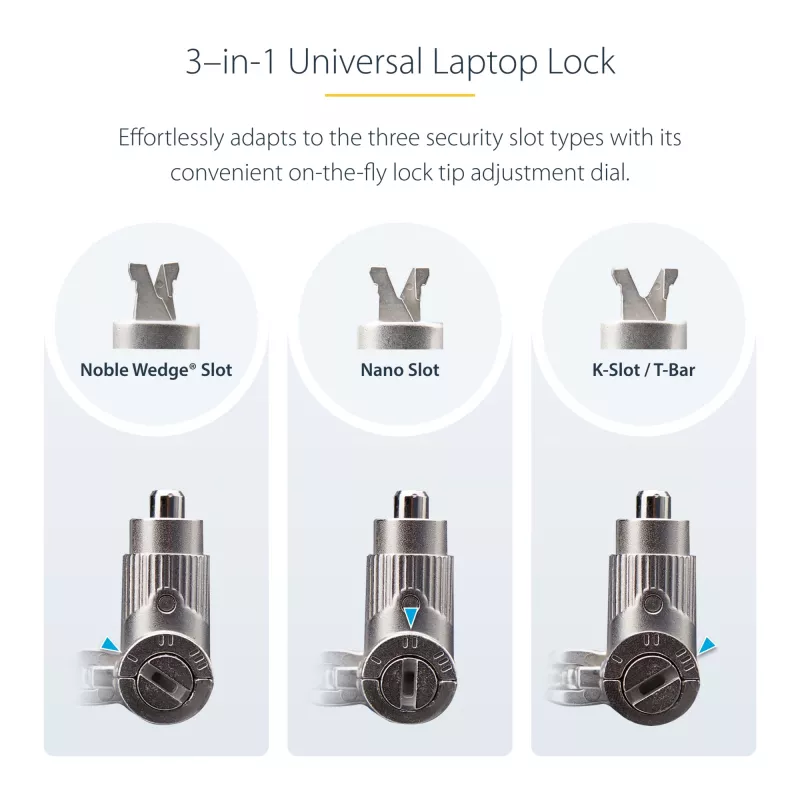StarTech.com Universal Laptop Lock 6.6ft (2m) – rakinama apsauginė kabelio spyna nešiojamiesiems kompiuteriams, suderinama su Noble Wedge/Nano/K-Slot
