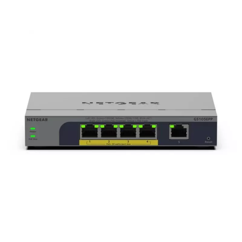 NETGEAR GS105EPP 5 prievadų nevaldomas Gigabit Ethernet (10/100/1000) PoE komutatorius stalas/siena pilka