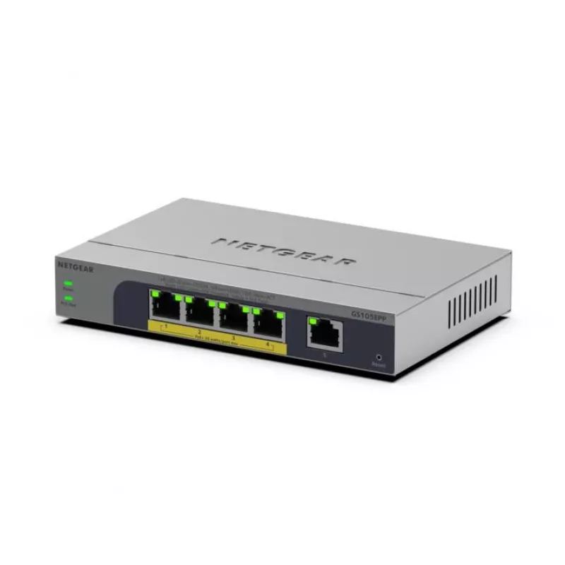NETGEAR GS105EPP 5 prievadų nevaldomas Gigabit Ethernet (10/100/1000) PoE komutatorius stalas/siena pilka