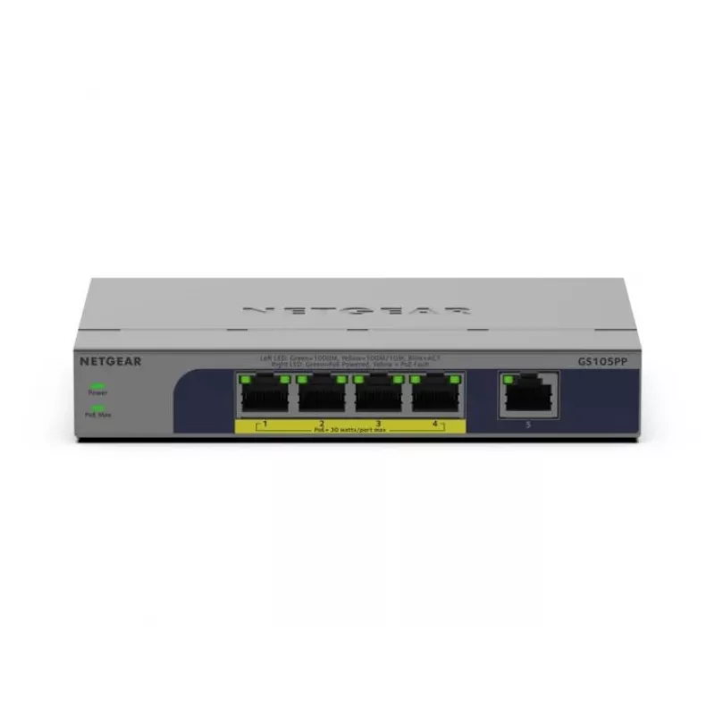 NETGEAR GS105PP nevaldomas Gigabit Ethernet (10/100/1000) Power over Ethernet (PoE) komutatorius, darbalaukio/sieninio montavimo, pilka