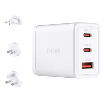 AC įkroviklis D-Link DCP-651 — 65 W GaN, 2x USB‑C, universali, 90–264 V, baltas