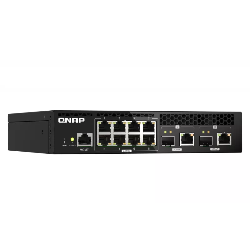 QNAP QSW-M2108R-2C valdomasis L2 komutatorius, 8 x 2,5GbE + 2 x 10GbE SFP+/RJ-45 kombinuoti prievadai, pusinio pločio, montuojamas spintoje