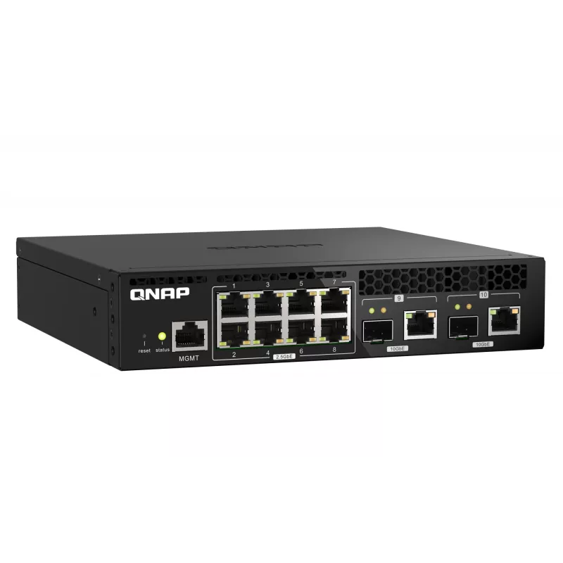 QNAP QSW-M2108R-2C valdomasis L2 komutatorius, 8 x 2,5GbE + 2 x 10GbE SFP+/RJ-45 kombinuoti prievadai, pusinio pločio, montuojamas spintoje