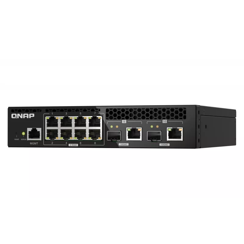 QNAP QSW-M2108R-2C valdomasis L2 komutatorius, 8 x 2,5GbE + 2 x 10GbE SFP+/RJ-45 kombinuoti prievadai, pusinio pločio, montuojamas spintoje