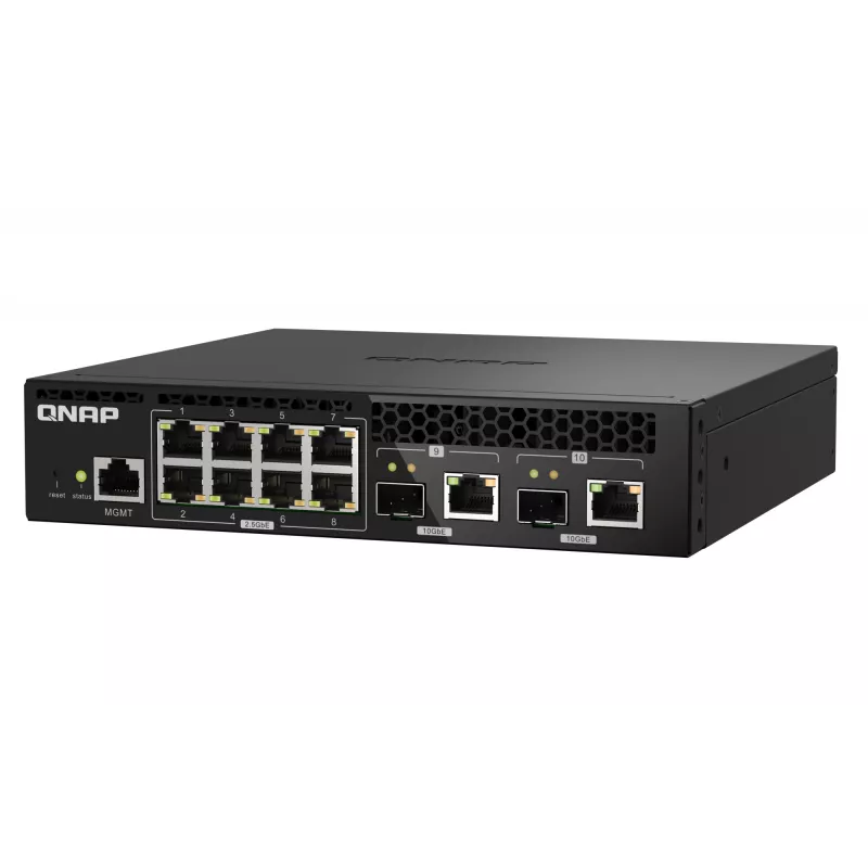 QNAP QSW-M2108R-2C valdomasis L2 komutatorius, 8 x 2,5GbE + 2 x 10GbE SFP+/RJ-45 kombinuoti prievadai, pusinio pločio, montuojamas spintoje