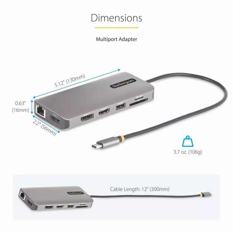 StarTech.com USB-C kelių monitorių adapteris, du 4K 60Hz + 4K 30Hz HDMI ir DisplayPort, 4 prievadų USB šakotuvas, 100W PD perdavimas, GbE, SD/MicroSD kortelių skaitytuvai