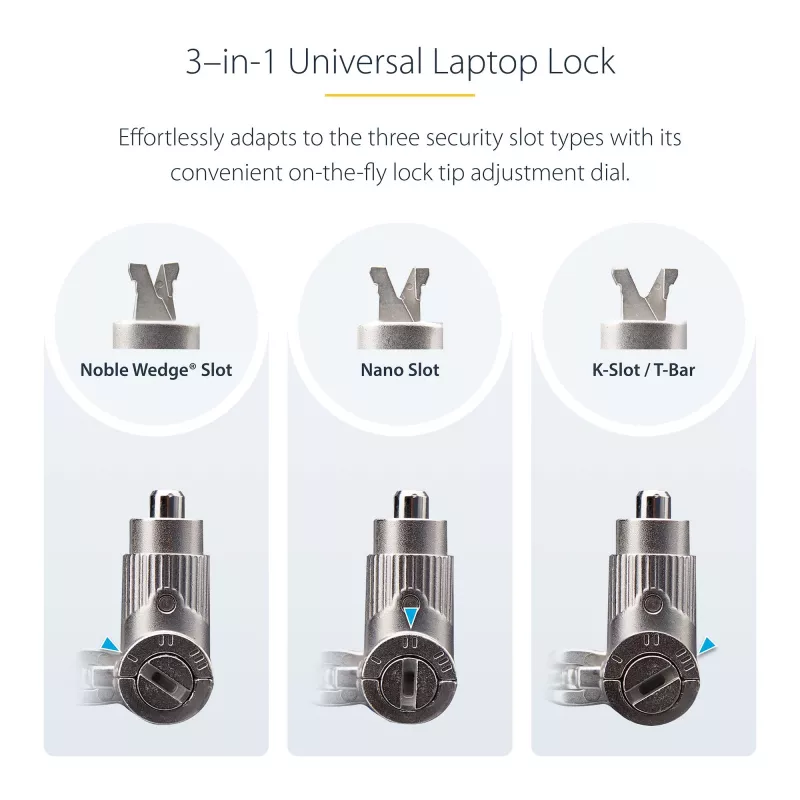StarTech.com 3-in-1 Universal Laptop Lock 6.6ft (2m) – universalus nešiojamojo kompiuterio užraktas su pagrindiniu raktu