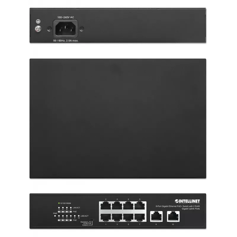 Intellinet 8 prievadų Gigabit Ethernet PoE+ komutatorius 120W su 2 uplink prievadais