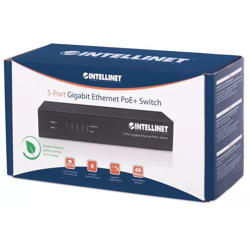 Intellinet 5 prievadų Gigabit Ethernet PoE+ jungiklis, 4 PSE prievadai, IEEE 802.3at/af, 60 W, stalinis