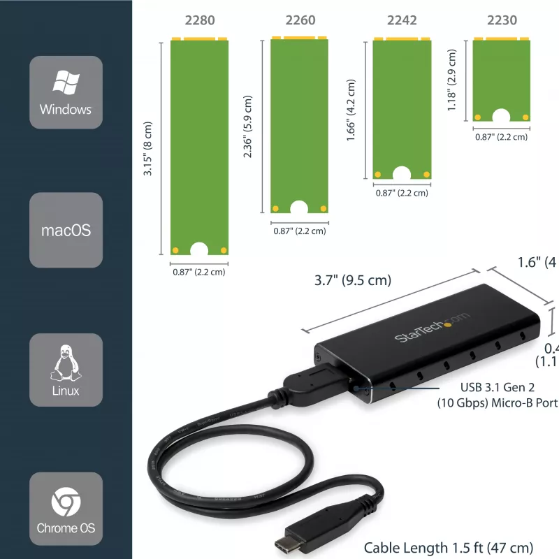 StarTech.com SM21BMU31C3 M.2 SATA SSD išorinis korpusas su USB 3.1 (10Gbps) ir USB-C laidu