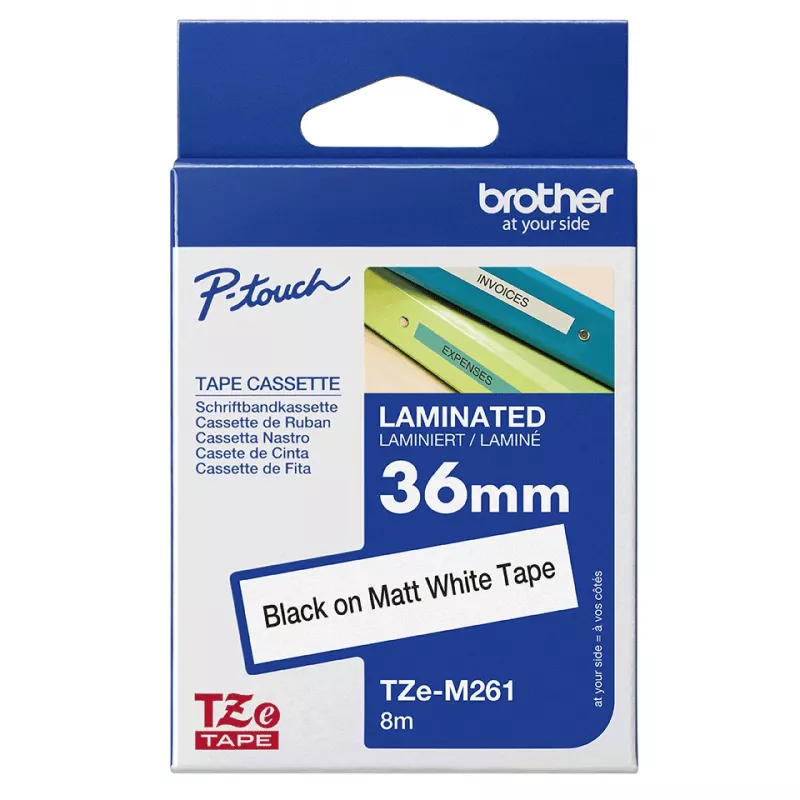 Brother TZe-M261 juosta etiketėms, 36 mm x 8 m, juoda ant baltos, matinė laminuota
