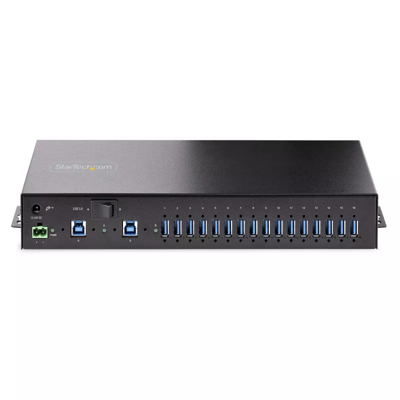 StarTech.com 16 pramoninis USB 3.0 mazgas 5Gbps, metalinis, DIN/paviršiaus/stovo montavimas, ESD apsauga, gnybtų bloko maitinimas, iki 120W bendras USB įkrovimas, dviejų pagrindinių kompiuterių mazgas/jungiklis