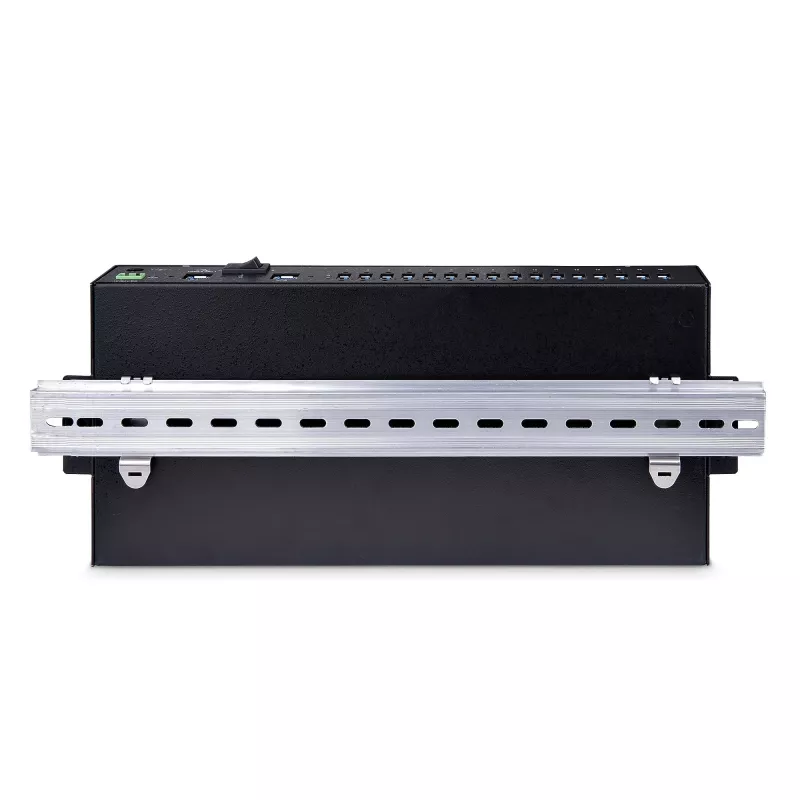StarTech.com 16 pramoninis USB 3.0 mazgas 5Gbps, metalinis, DIN/paviršiaus/stovo montavimas, ESD apsauga, gnybtų bloko maitinimas, iki 120W bendras USB įkrovimas, dviejų pagrindinių kompiuterių mazgas/jungiklis