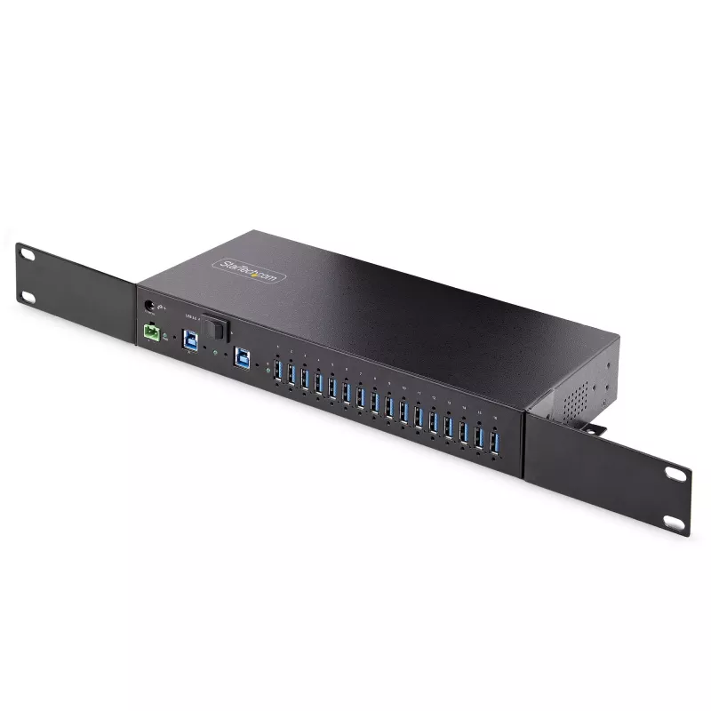 StarTech.com 16 pramoninis USB 3.0 mazgas 5Gbps, metalinis, DIN/paviršiaus/stovo montavimas, ESD apsauga, gnybtų bloko maitinimas, iki 120W bendras USB įkrovimas, dviejų pagrindinių kompiuterių mazgas/jungiklis