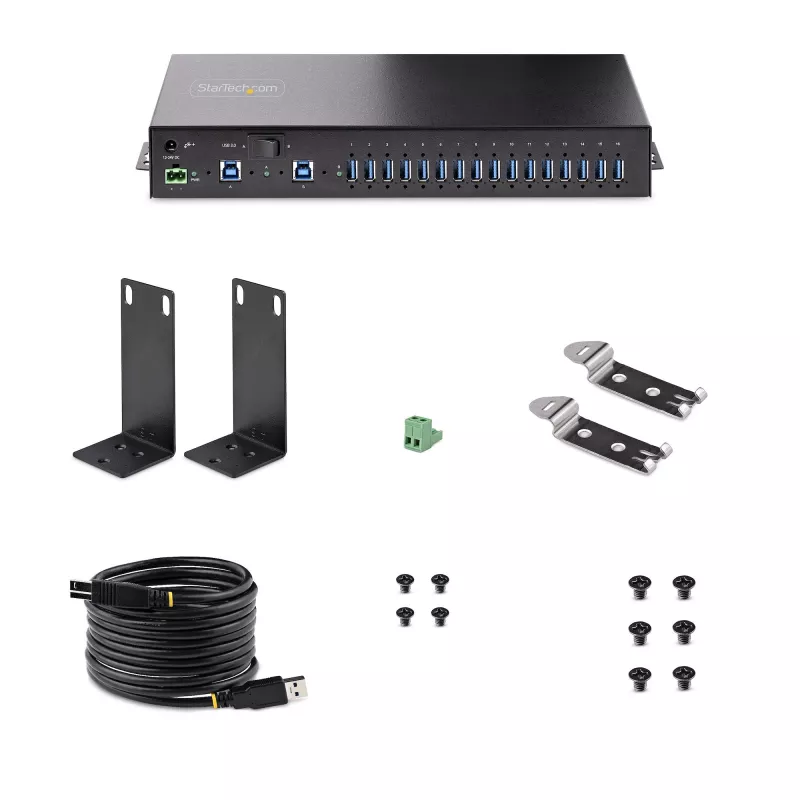 StarTech.com 16 pramoninis USB 3.0 mazgas 5Gbps, metalinis, DIN/paviršiaus/stovo montavimas, ESD apsauga, gnybtų bloko maitinimas, iki 120W bendras USB įkrovimas, dviejų pagrindinių kompiuterių mazgas/jungiklis
