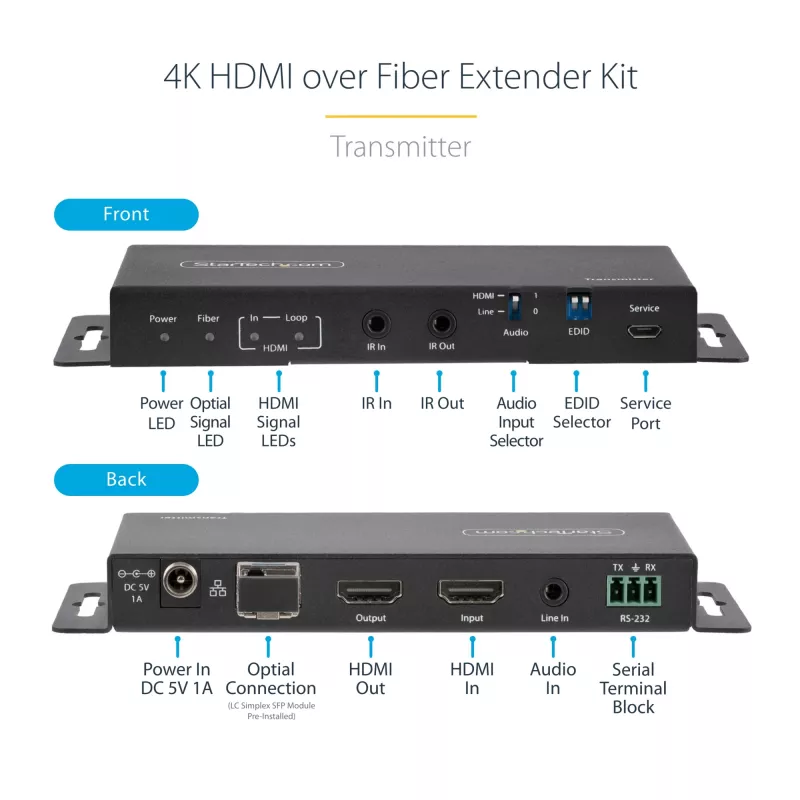 StarTech.com 4K HDMI per šviesolaidį prailgintuvas, 4K 60Hz iki 3300 pėdų/1 km (vienmodis) arba 1000 pėdų/300 m (daugiamodis) LC šviesolaidis, HDR, HDCP, 3.5 mm garsas/RS232/IR prailgintuvas, siųstuvas ir imtuvas