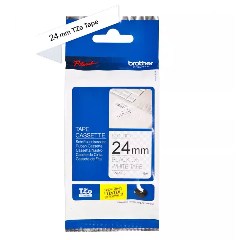 Juostelė etiketėms Brother TZE-SE5 — 24 mm x 8 m, juoda ant baltos