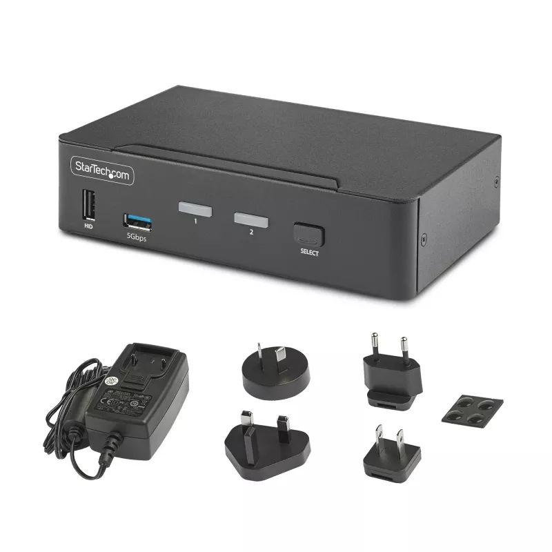 StarTech.com 2 prievadų DisplayPort KVM jungiklis, 8K 60Hz / 4K 144Hz, vienas ekranas, DP 1.4, 2x USB 3.0 prievadai, 4x USB 2.0 HID prievadai, mygtukinis ir klavišinis perjungimas, TAA atitiktis - nepriklausoma nuo OS, metalinis korpusas