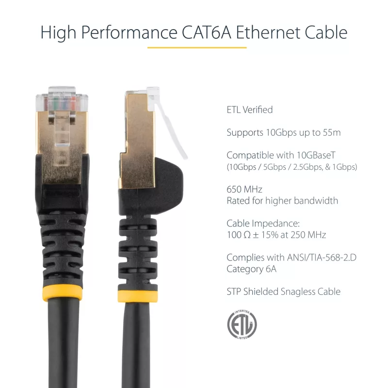 StarTech.com 5m CAT6a Ethernet kabelis - 10 Gigabit ekranuotas, be užkabinimo, RJ45, 100W PoE - 10GbE STP tinklo kabelis su įtempimo mažinimu - juodas, individualiai išbandytas, laidai sertifikuoti UL/TIA