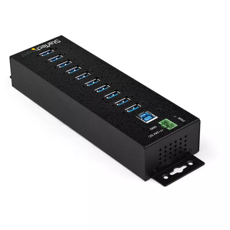 StarTech.com 10 prievadų USB 3.0 centras su maitinimo adapteriu - Metalinis pramoninis USB-A centras su ESD ir 350W apsauga nuo viršįtampių - tvirtinamas ant DIN bėgio/sienos/stalo - didelės spartos USB 3.2 Gen 1 (5Gbps) centras