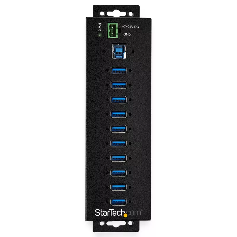 StarTech.com 10 prievadų USB 3.0 centras su maitinimo adapteriu - Metalinis pramoninis USB-A centras su ESD ir 350W apsauga nuo viršįtampių - tvirtinamas ant DIN bėgio/sienos/stalo - didelės spartos USB 3.2 Gen 1 (5Gbps) centras