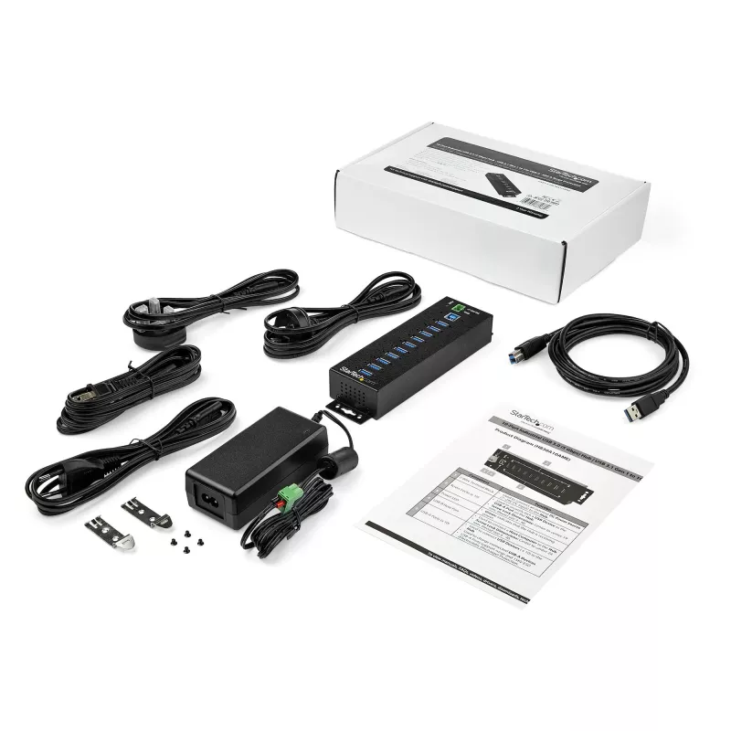 StarTech.com 10 prievadų USB 3.0 centras su maitinimo adapteriu - Metalinis pramoninis USB-A centras su ESD ir 350W apsauga nuo viršįtampių - tvirtinamas ant DIN bėgio/sienos/stalo - didelės spartos USB 3.2 Gen 1 (5Gbps) centras