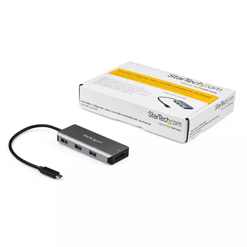 StarTech.com HB31C3ASDMB 3 prievadų USB-C šakotuvas su SD kortelių skaitytuvu, 3x USB-A, 10 Gbps, USB 3.1, maitinamas per magistralę, 25 cm kabelis, suderinamas su Thunderbolt 3