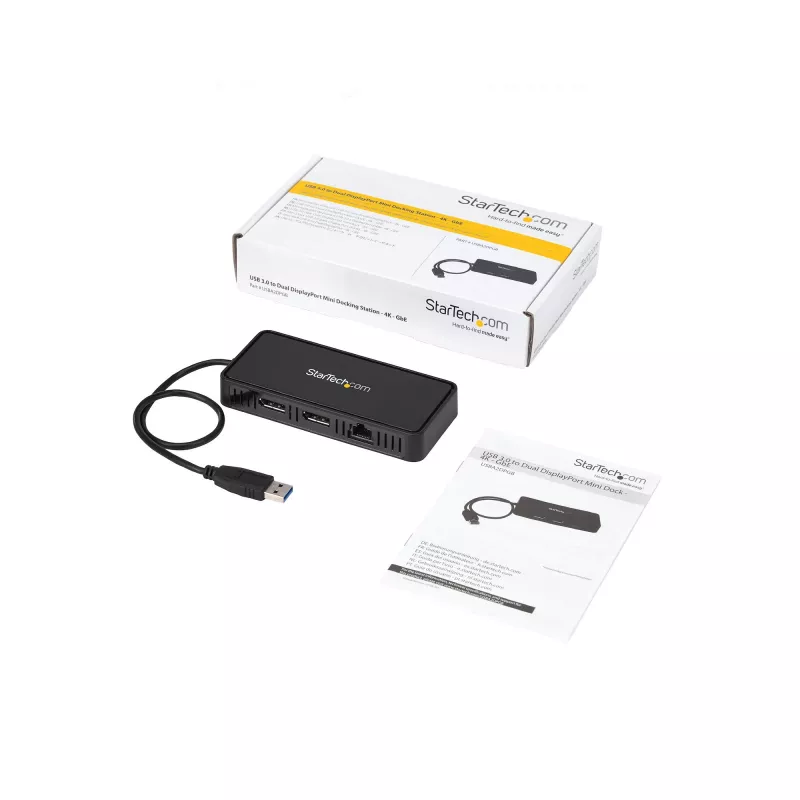 StarTech.com USB 3.0 Mini Dock – nešiojama dokų stotelė su dviem DisplayPort 4K 60Hz, Gigabit Ethernet, 30 cm kabeliu